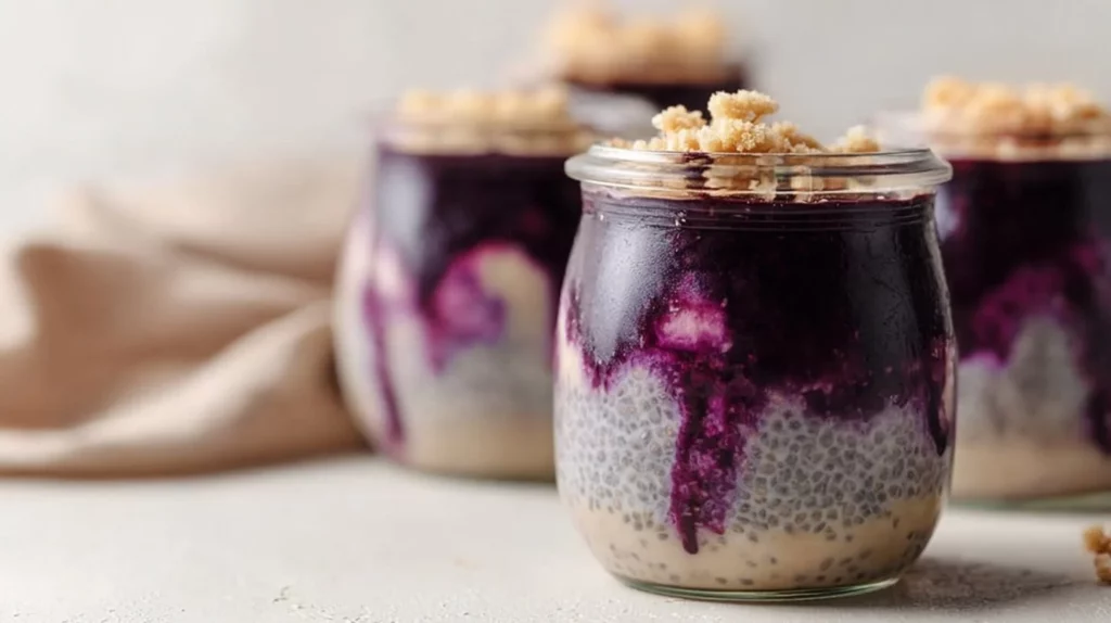 Healthy blackberry cobbler chia pudding topped with fresh blackberries.