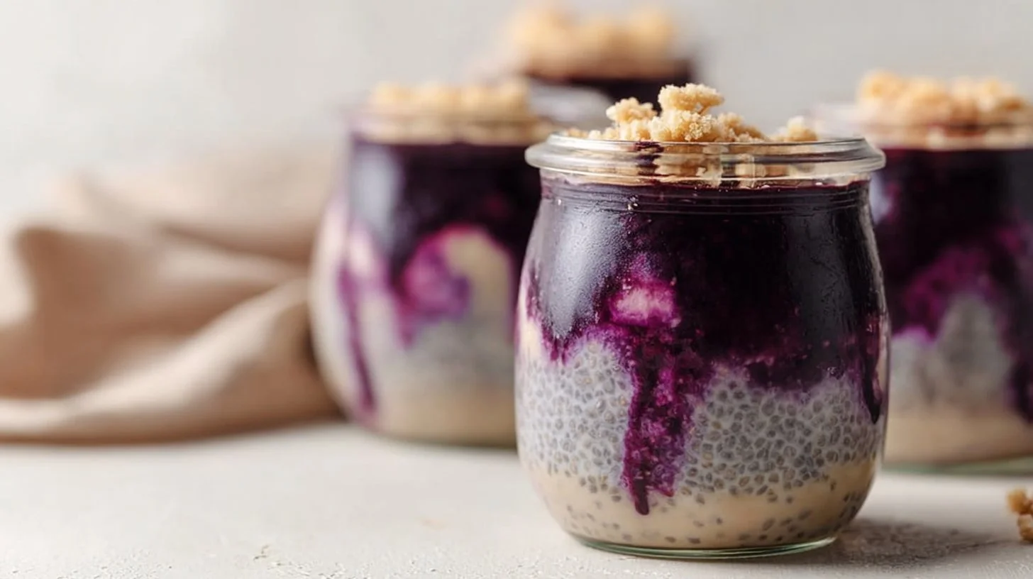 Healthy blackberry cobbler chia pudding topped with fresh blackberries.