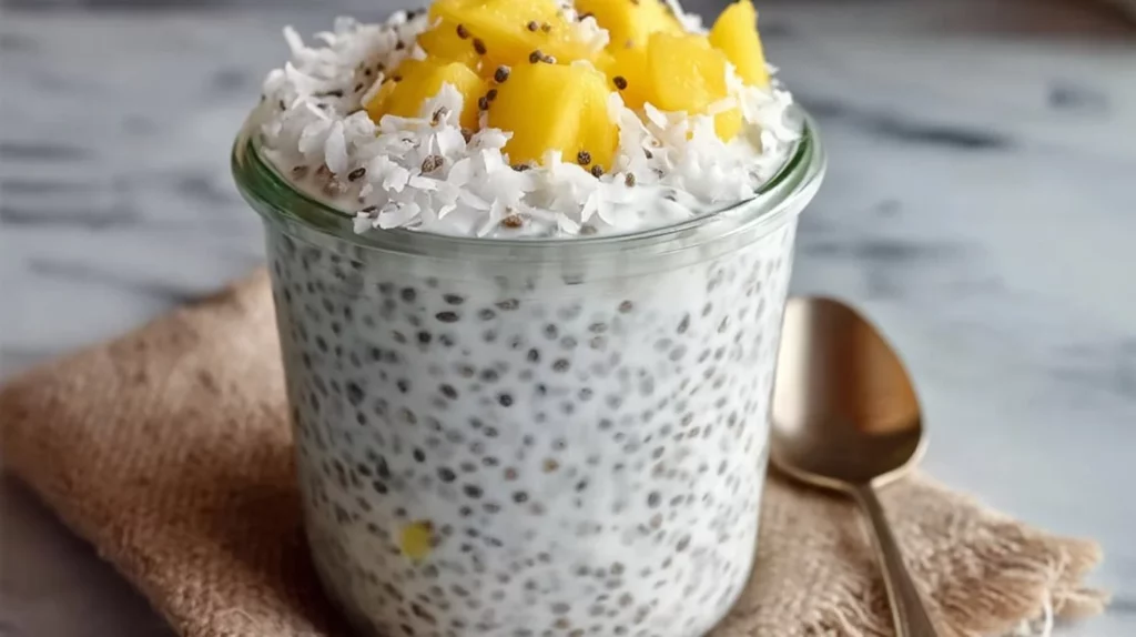 Healthy coconut chia seed pudding in a bowl topped with fresh fruit.