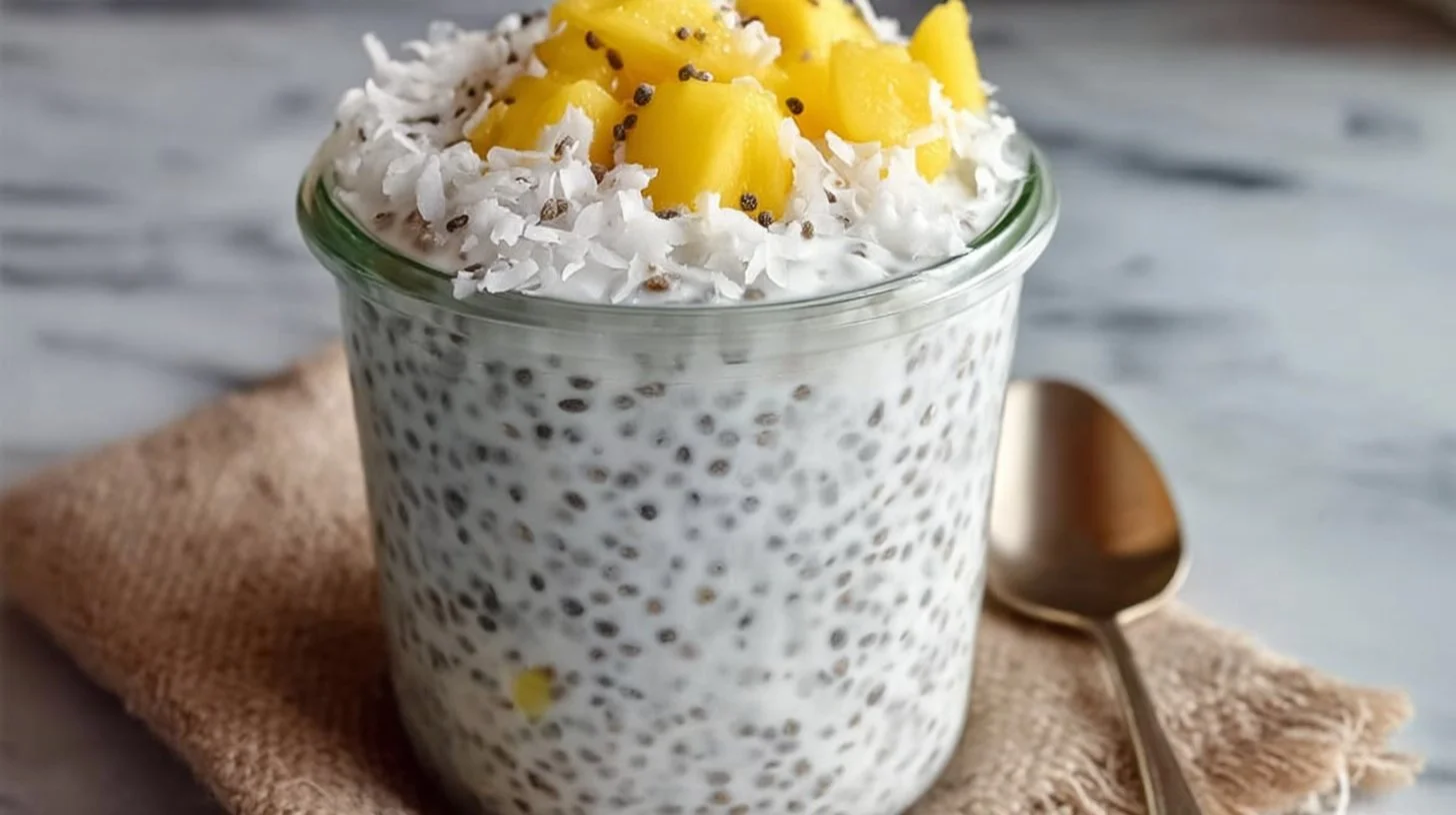 Healthy coconut chia seed pudding in a bowl topped with fresh fruit.