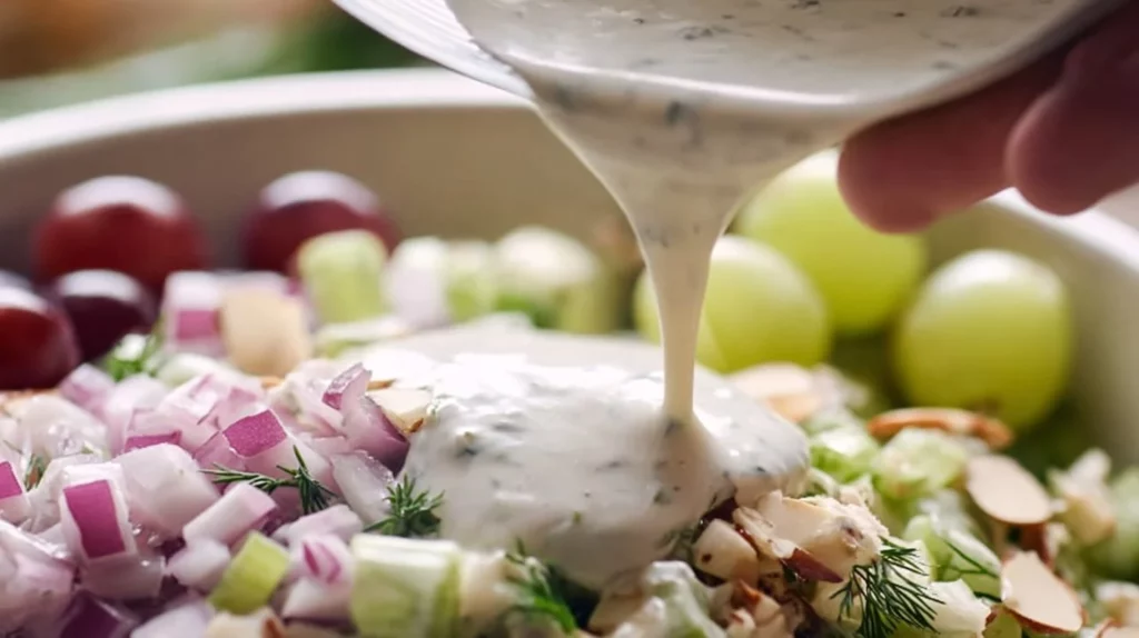 Healthy Greek yogurt salad dressing in a bowl with fresh herbs