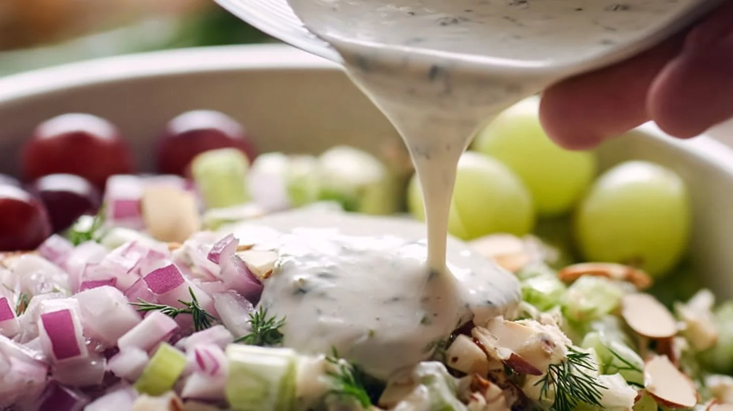 Healthy Greek yogurt salad dressing in a bowl with fresh herbs