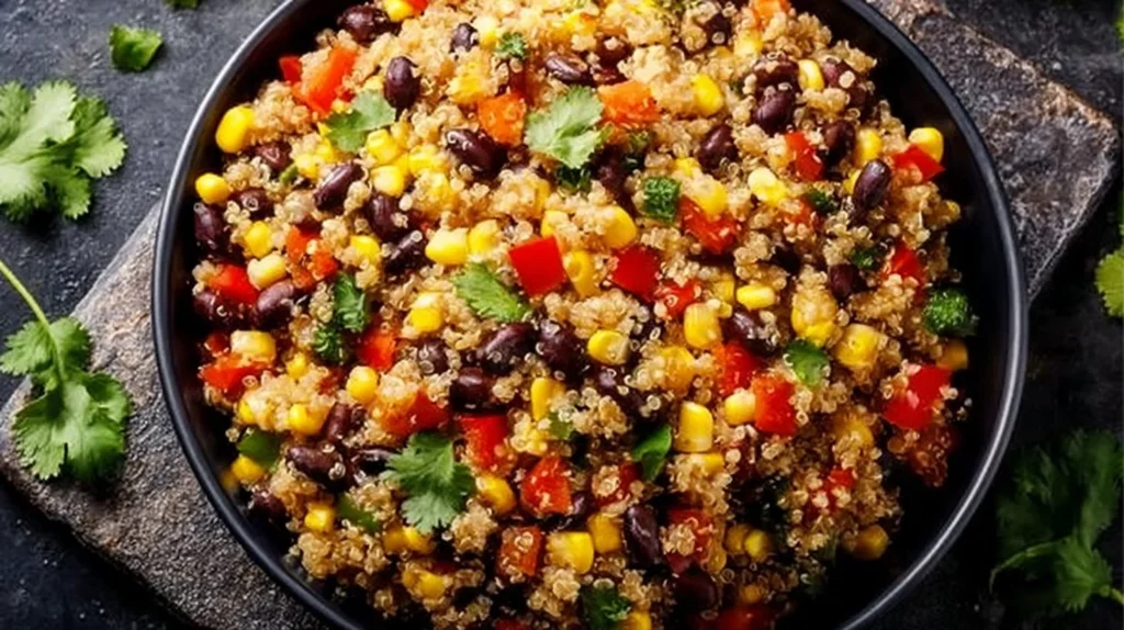 Healthy Mexican Quinoa Salad with fresh vegetables and spices in a bowl