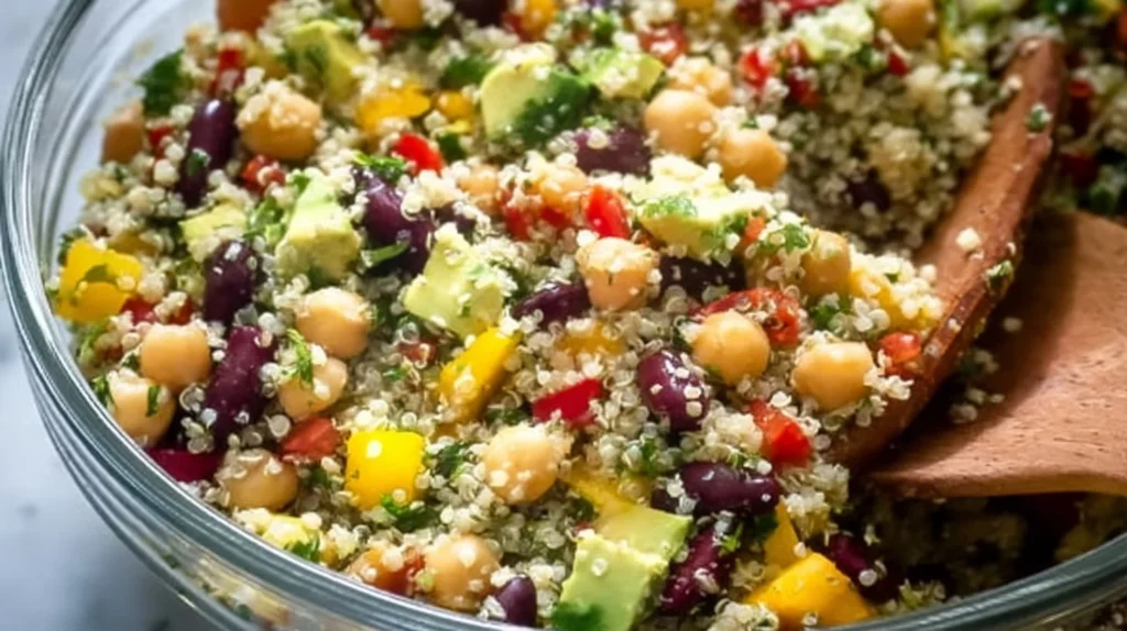 A vibrant healthy quinoa salad with fresh vegetables and dressing