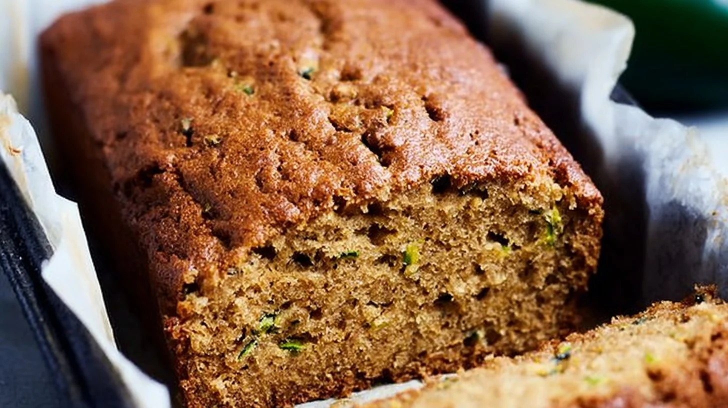 Healthy Zucchini Bread 2 Slice of healthy zucchini bread on a wooden table