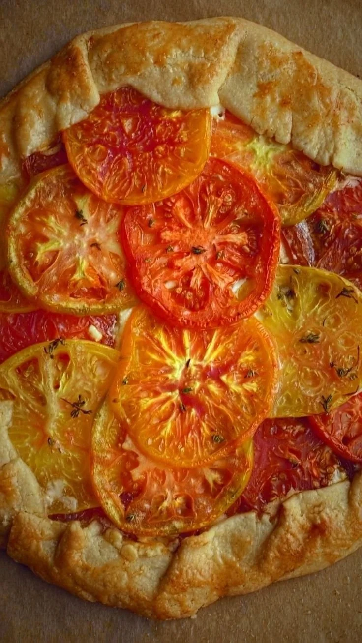 Freshly baked Heirloom Tomato Galette with vibrant tomatoes and flaky crust
