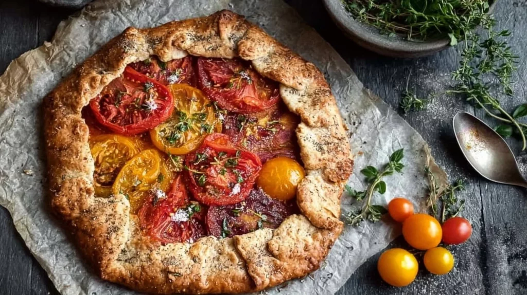 Heirloom tomato galette with colorful tomatoes on a rustic wooden table