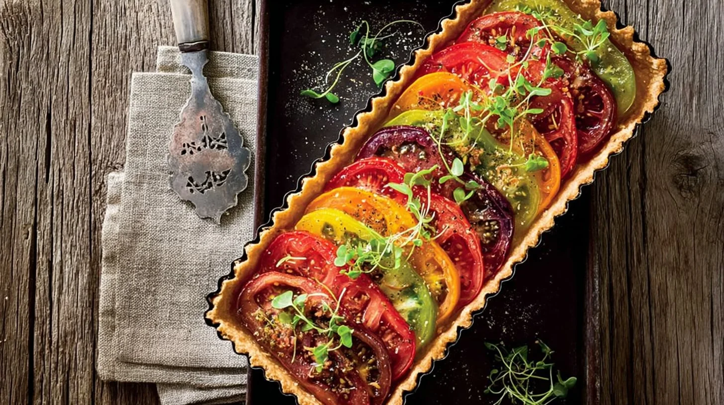Heirloom tomato tart with crispy Parmesan crust on a wooden table