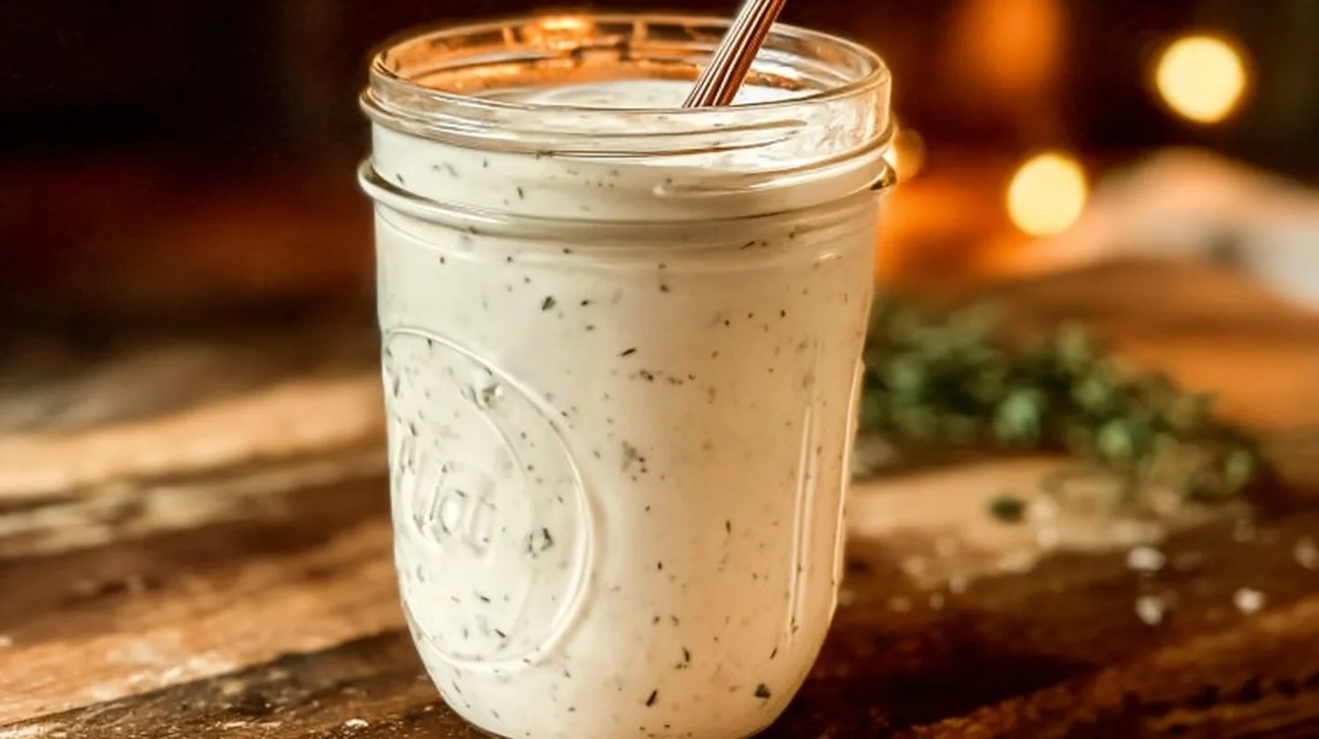 High protein ranch dressing in a bowl surrounded by fresh ingredients