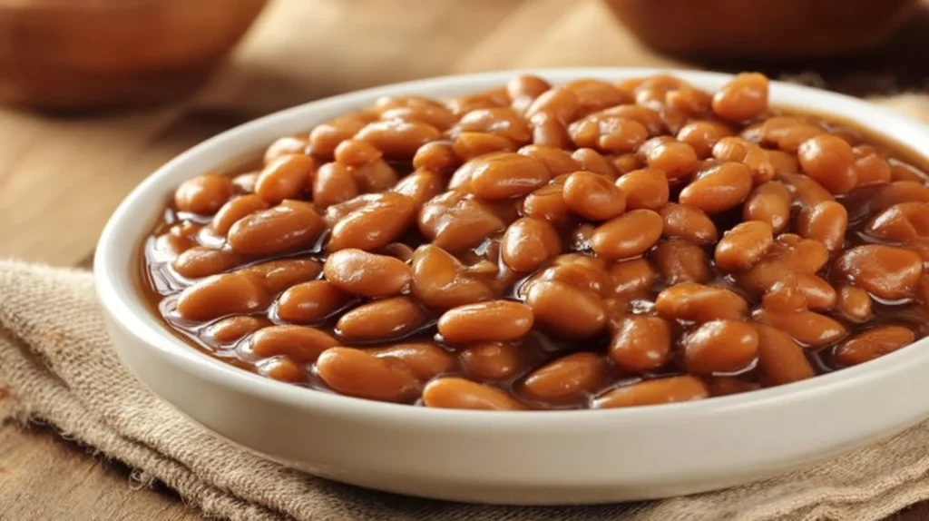 A bowl of homemade baked beans topped with herbs and spices.