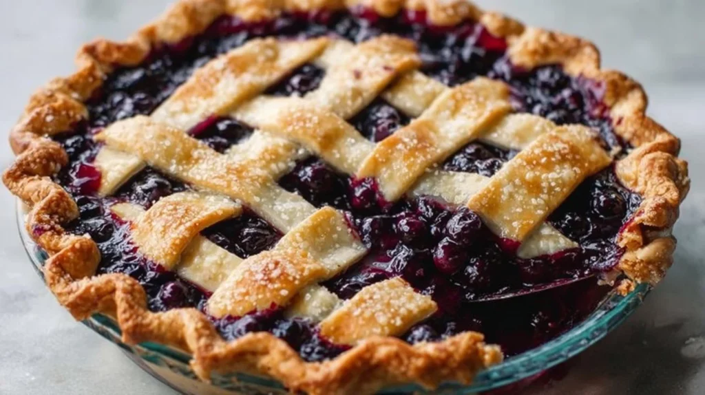 Delicious homemade blueberry pie with fresh blueberries and golden crust