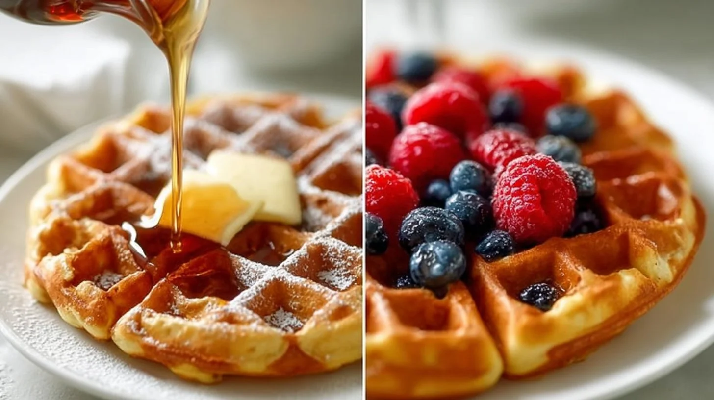 Homemade buttermilk waffles served with syrup and berries.