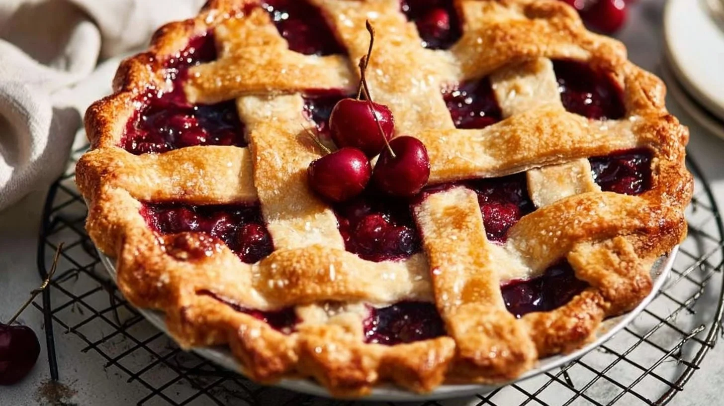 Delicious homemade cherry pie with a golden crust and fresh cherries.