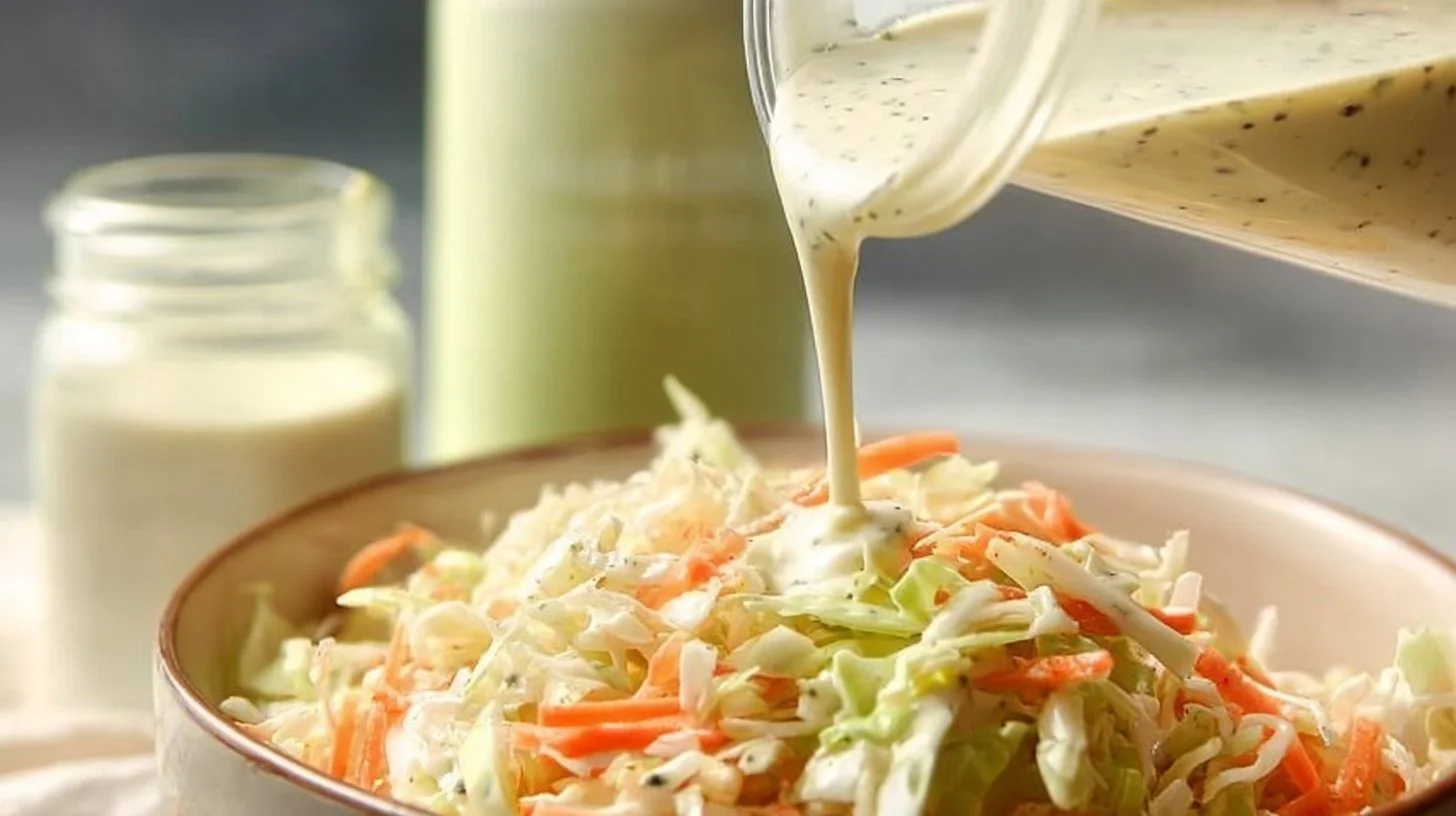 Bowl of homemade coleslaw dressing ready to mix with fresh cabbage and carrots.