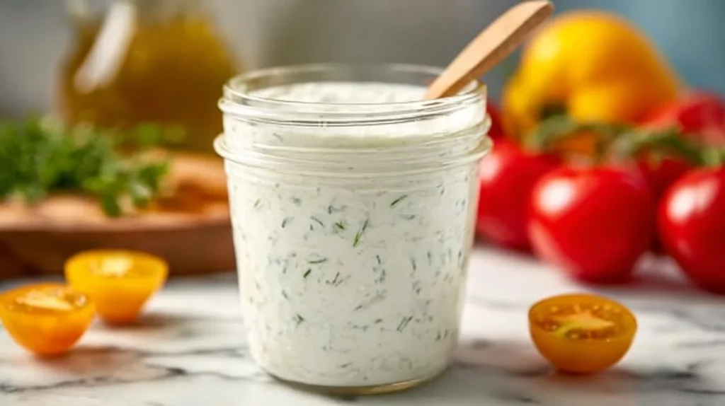 Bowl of homemade Greek yogurt ranch dressing with herbs and spices
