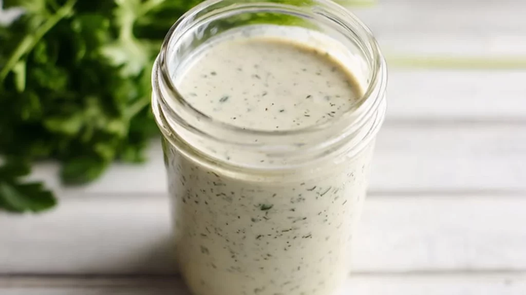 Homemade Greek yogurt ranch dressing served in a bowl with fresh herbs
