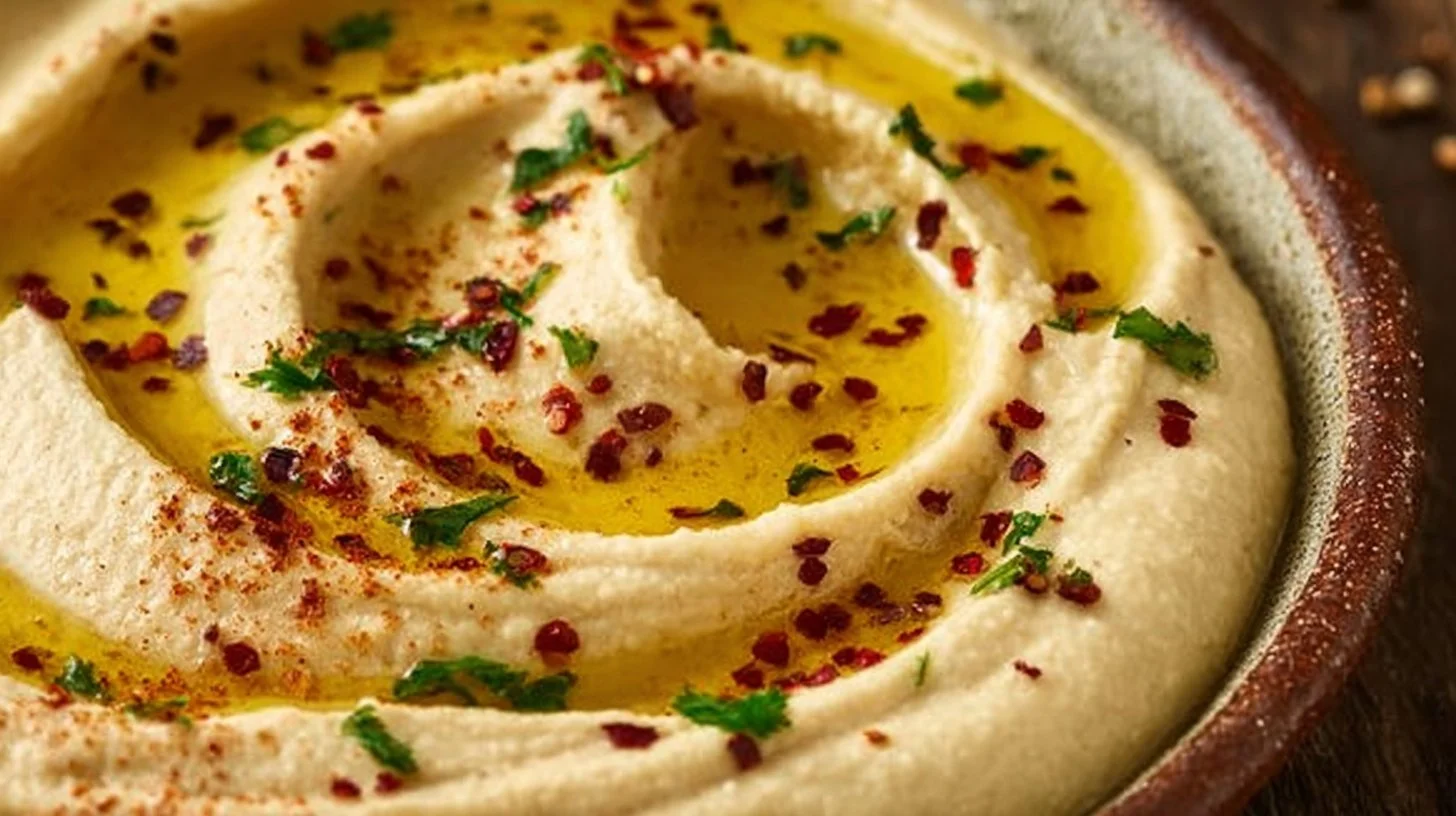 Bowl of homemade hummus garnished with olive oil and herbs