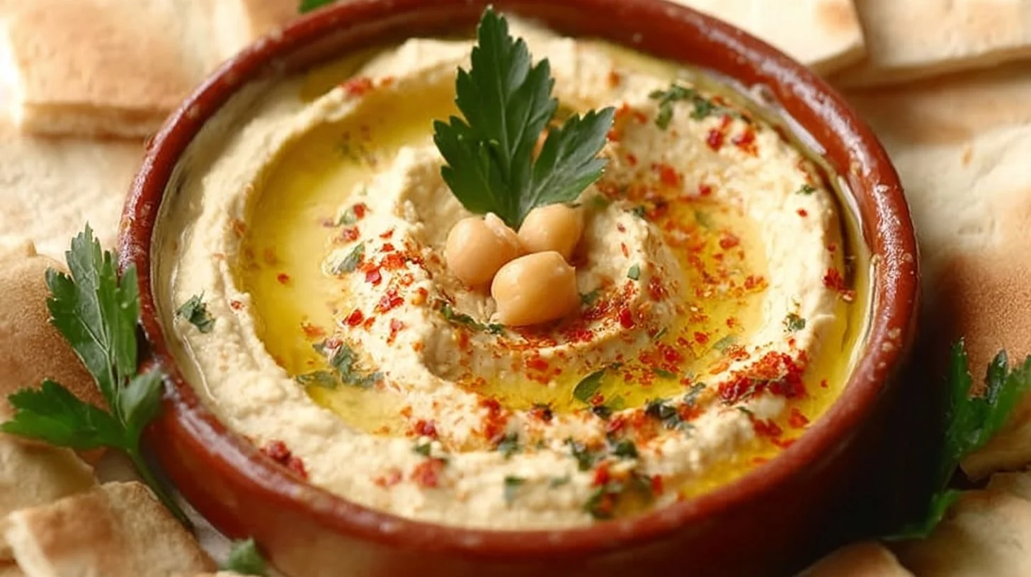 Bowl of homemade hummus with a drizzle of olive oil and fresh herbs
