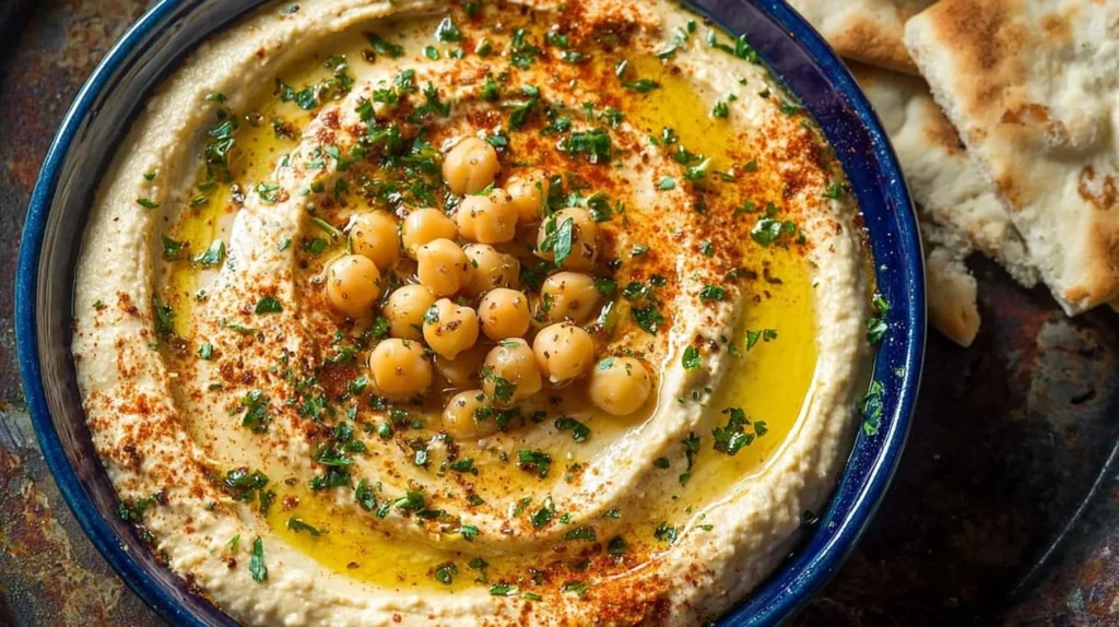 Bowl of creamy homemade hummus served with fresh vegetables and pita bread.
