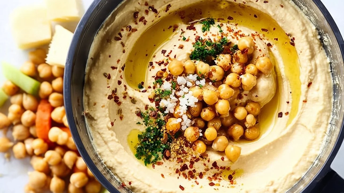 Delicious homemade hummus served with fresh vegetables and pita bread
