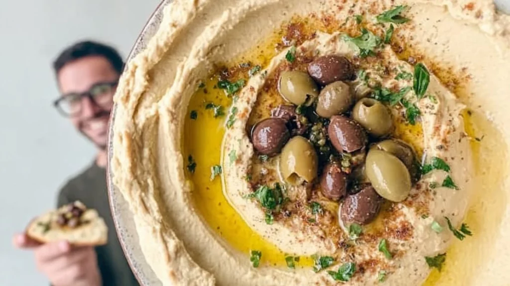 Bowl of creamy homemade hummus with olive oil and fresh veggies for dipping