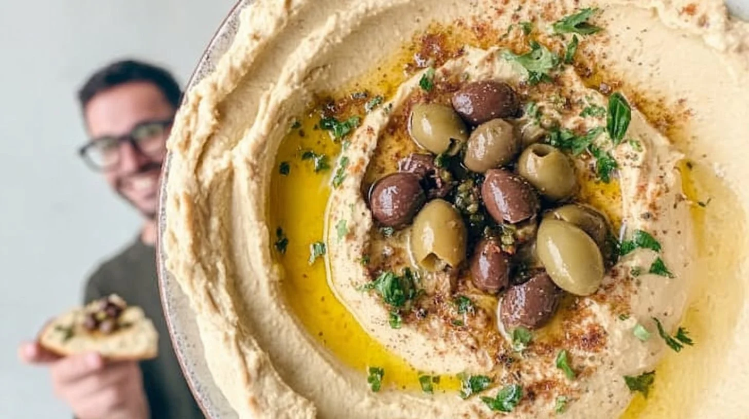Bowl of creamy homemade hummus with olive oil and fresh veggies for dipping