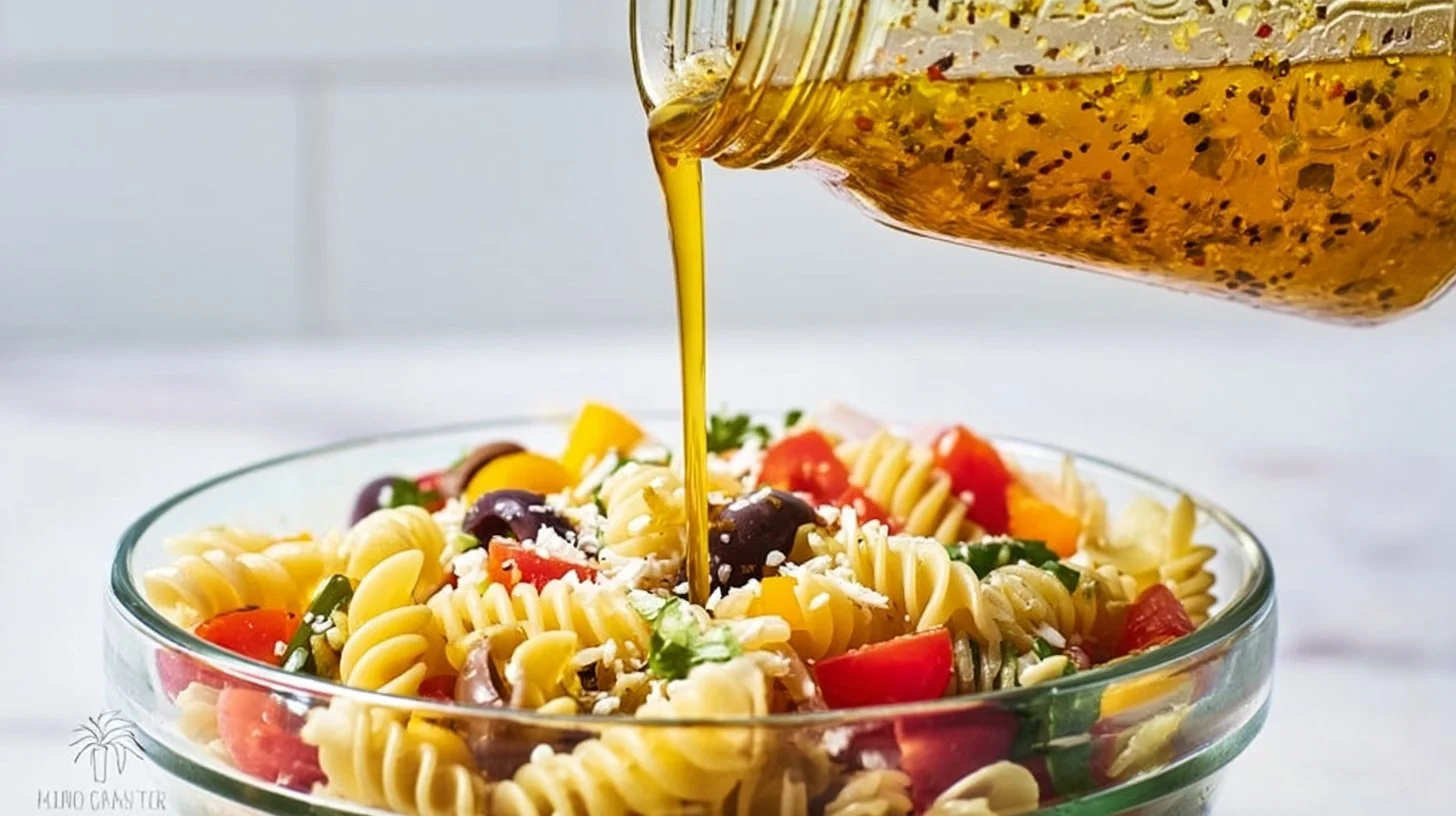 A bowl of homemade Italian dressing with herbs and oil on a wooden table.