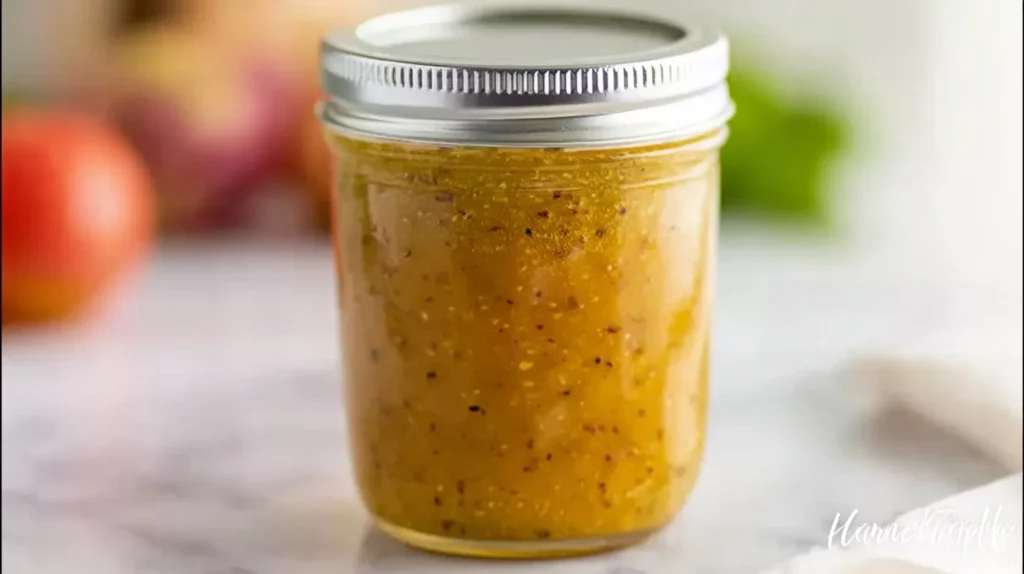 Bottle of homemade Italian dressing on a kitchen counter