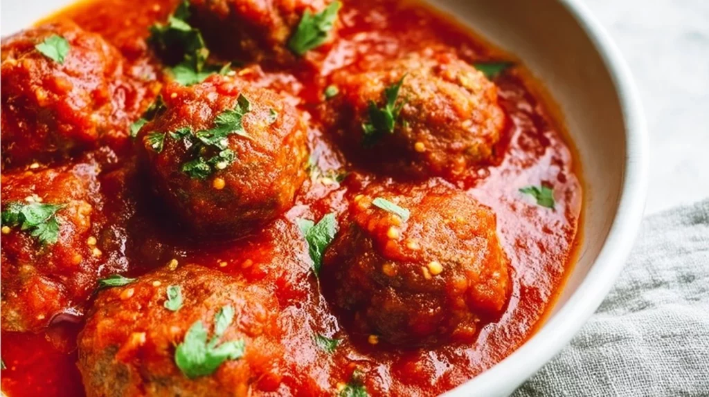 Plate of homemade Italian meatballs in rich tomato sauce