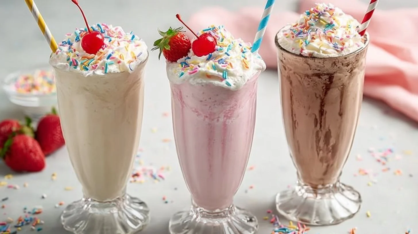 Delicious homemade milkshake topped with whipped cream and a cherry.