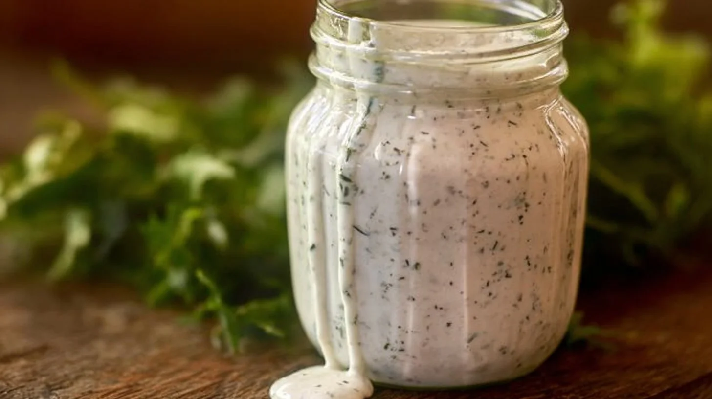 Bowl of homemade ranch dressing with fresh herbs and vegetables around it.
