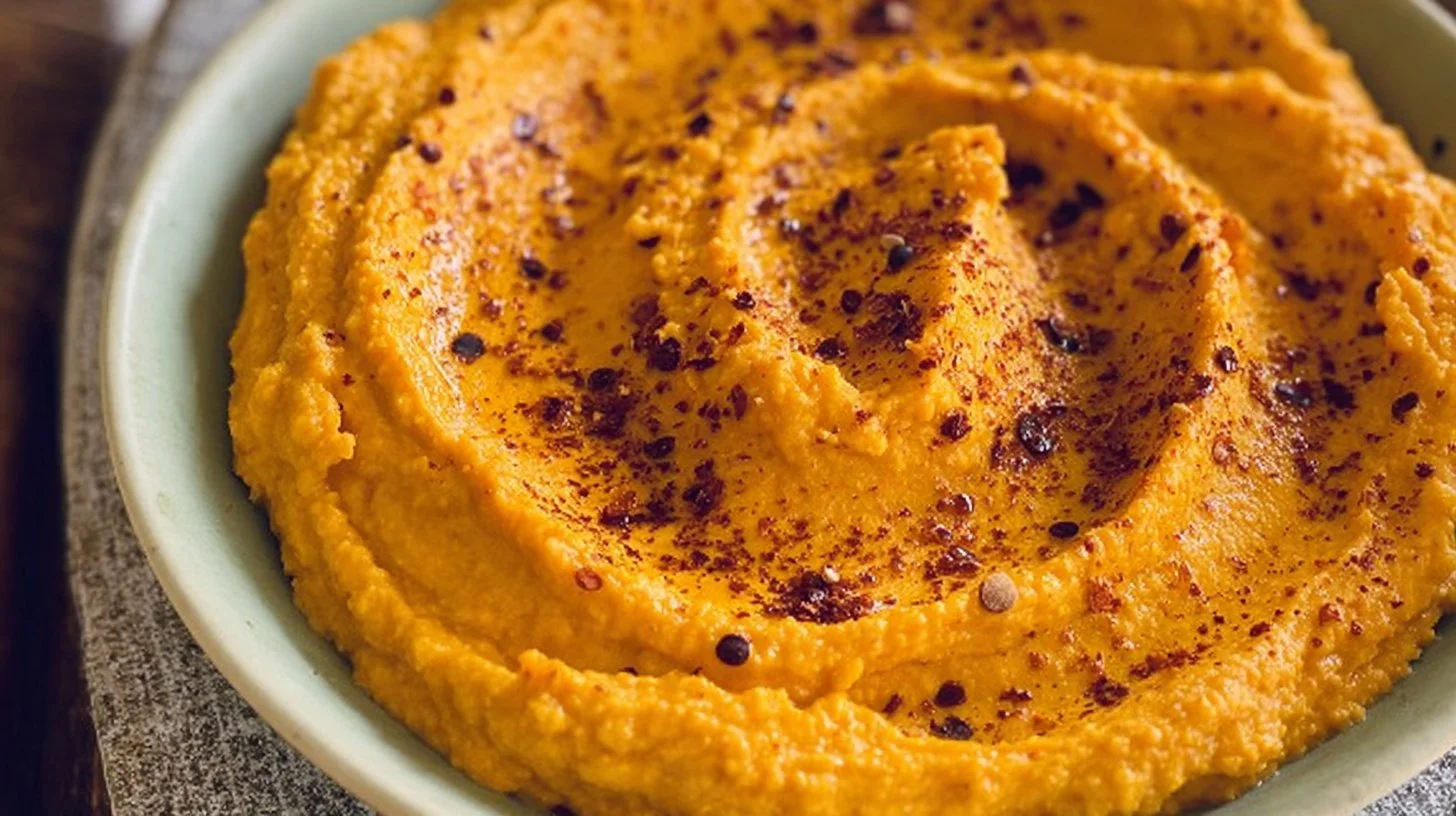Bowl of homemade roasted carrot hummus with fresh veggies for dipping