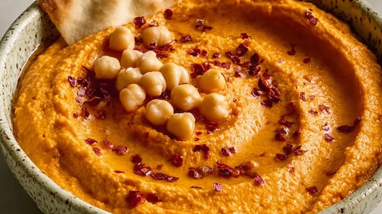 Bowl of homemade roasted red pepper hummus with pita and veggies