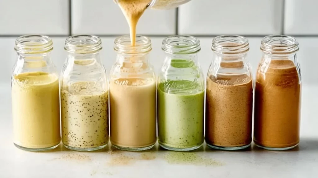 Variety of homemade salad dressings in jars on a kitchen counter