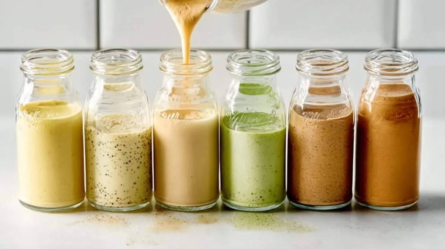 Variety of homemade salad dressings in jars on a kitchen counter