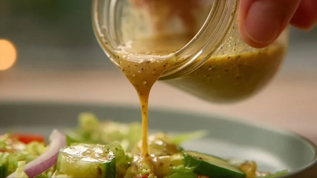 A bowl of homemade vinaigrette with fresh herbs, olive oil, and vinegar