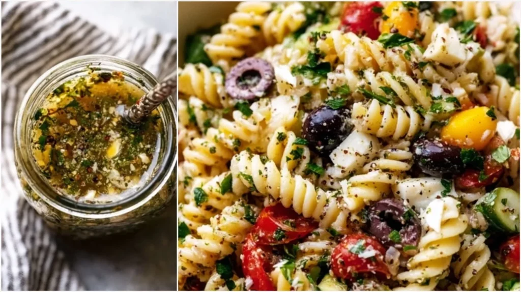Bowl of homemade zesty Italian pasta salad with colorful vegetables and dressing.