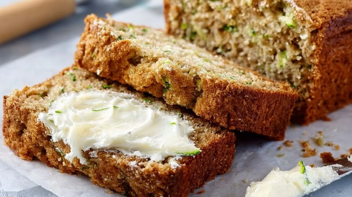 Homemade Zucchini Bread 2 A slice of homemade zucchini bread on a wooden cutting board