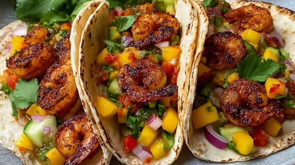 Delicious Honey Chipotle Prawns served with fresh mango slices