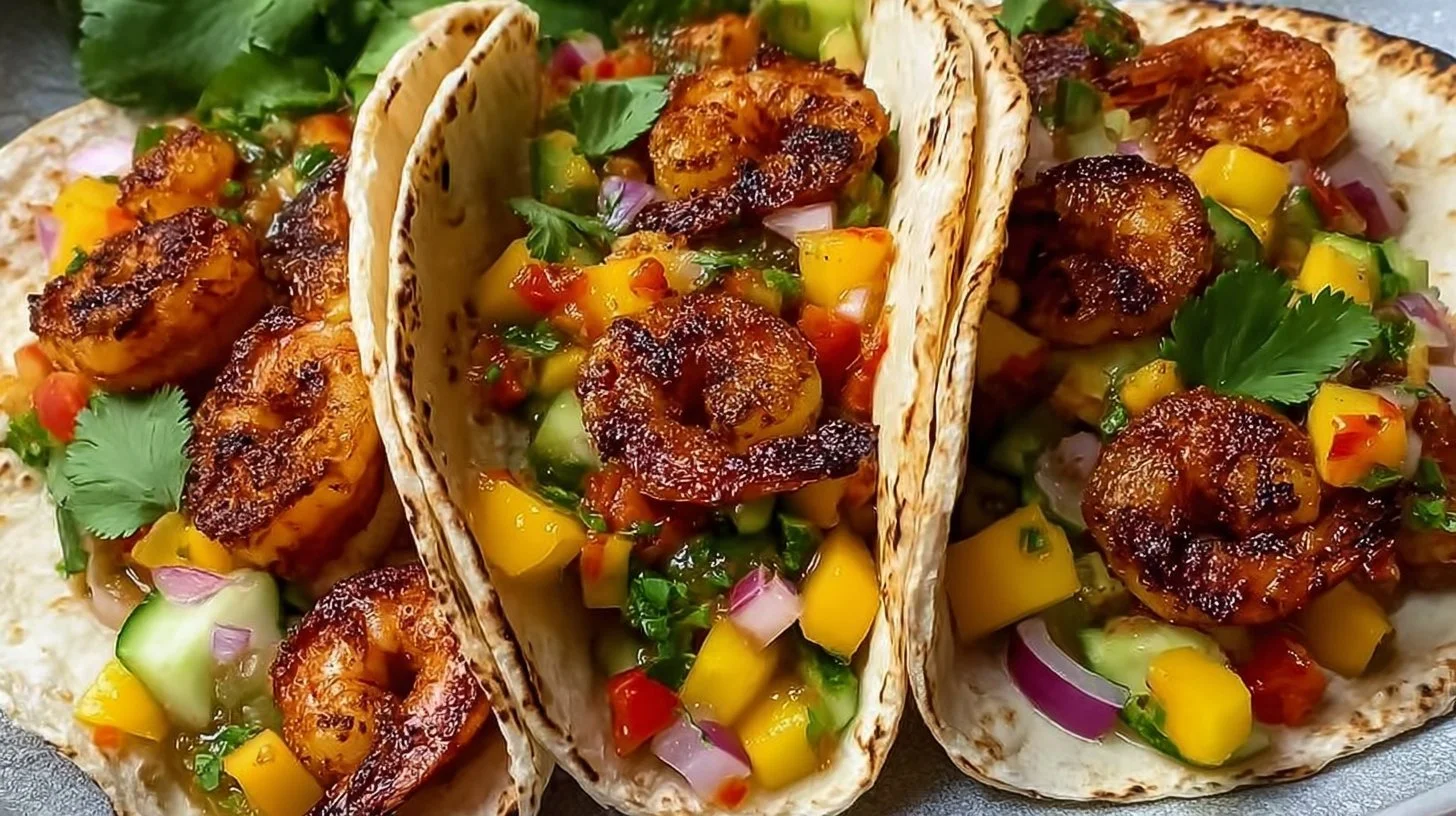 Delicious Honey Chipotle Prawns served with fresh mango slices