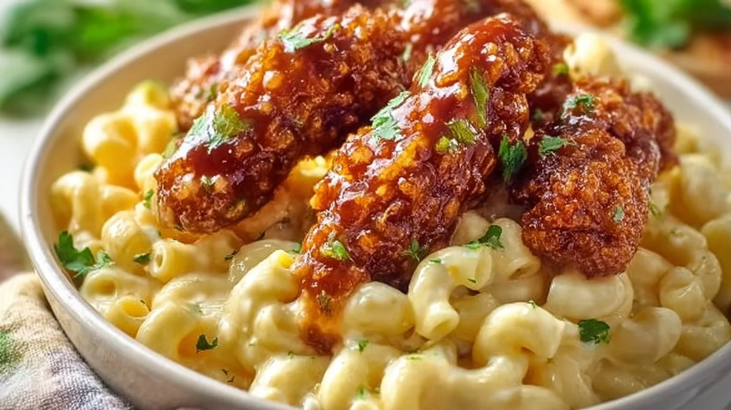 Creamy Honey Pepper Chicken Mac and Cheese dish with a spicy twist.