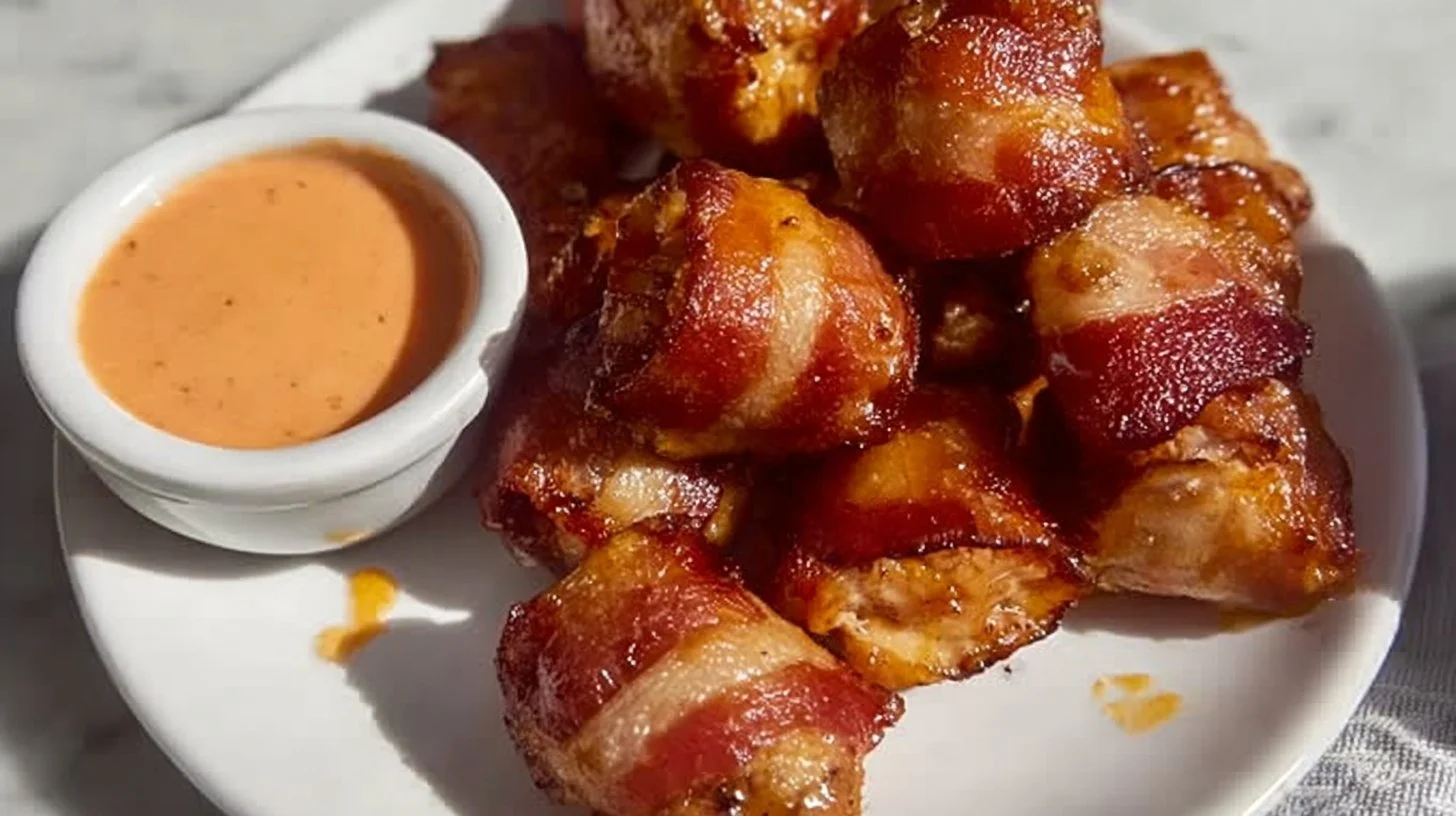 Hot Honey Bacon Chicken Bites✨ 2 Delicious hot honey bacon chicken bites served on a platter.