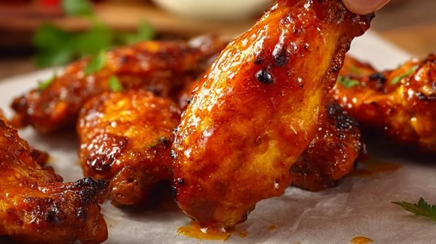 Delicious hot honey butter chicken wings drizzled with honey glaze.