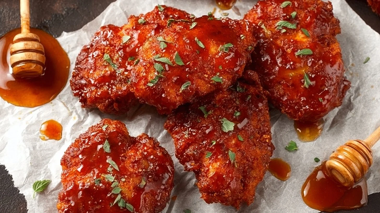Hot Honey Chicken 2 Delicious hot honey chicken drizzled with spicy honey sauce and garnished with herbs.