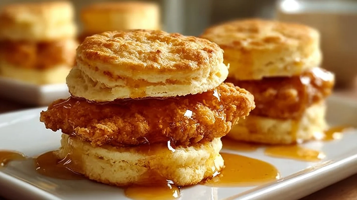 Hot Honey Chicken Biscuits 2 Plate of hot honey chicken biscuits drizzled with honey and topped with herbs