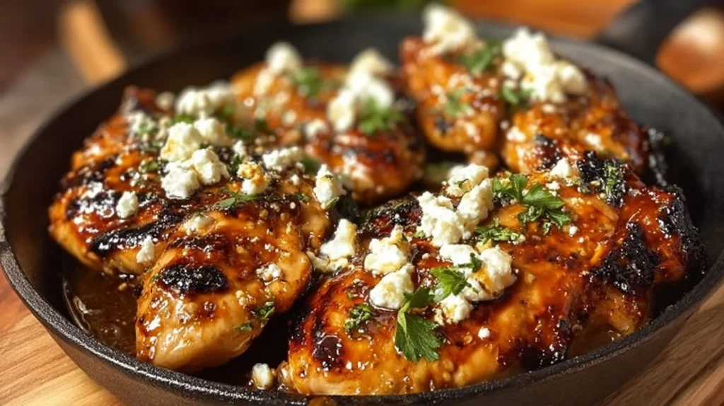 Plate of hot honey feta chicken topped with herbs and served with sides
