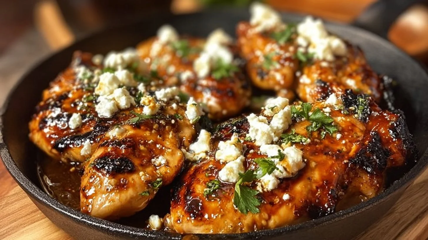 Plate of hot honey feta chicken topped with herbs and served with sides