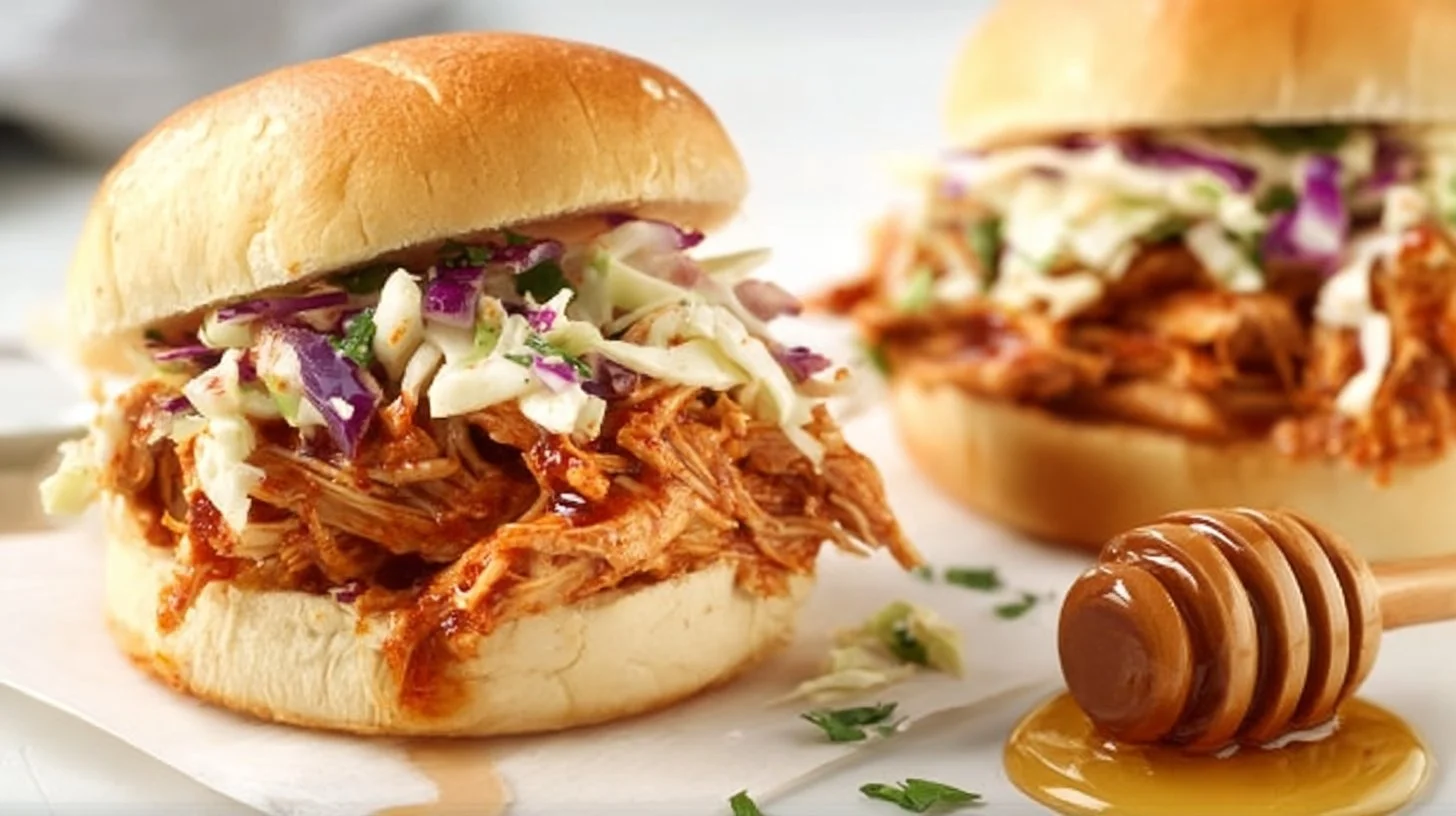 Hot Honey Shredded Chicken Sandwiches 2 Hot honey shredded chicken sandwich served on a crispy bun with toppings.