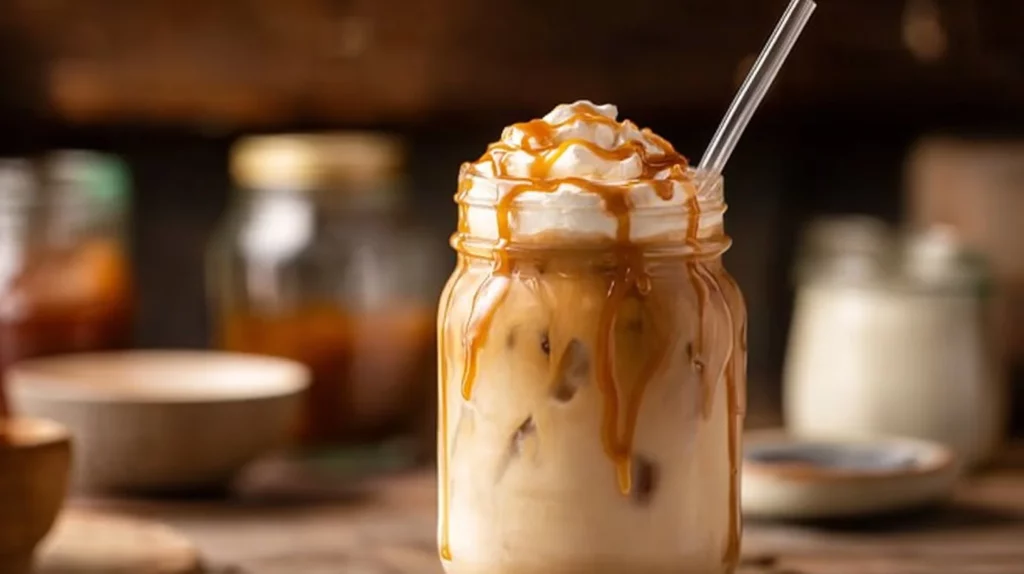 Iced Caramel Latte with caramel drizzle in a glass