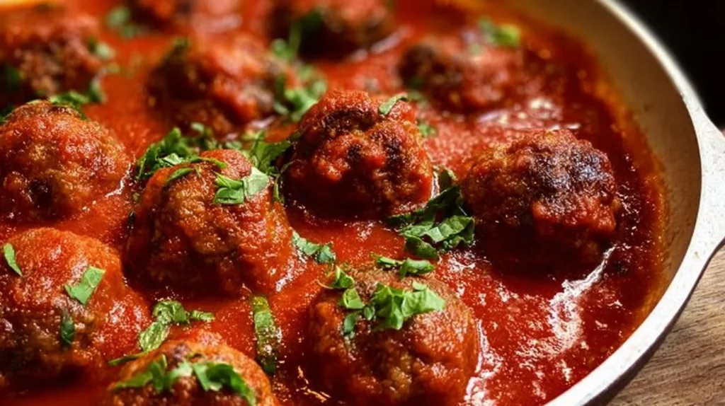 Delicious Italian meatballs cooked in marinara sauce served with spaghetti.